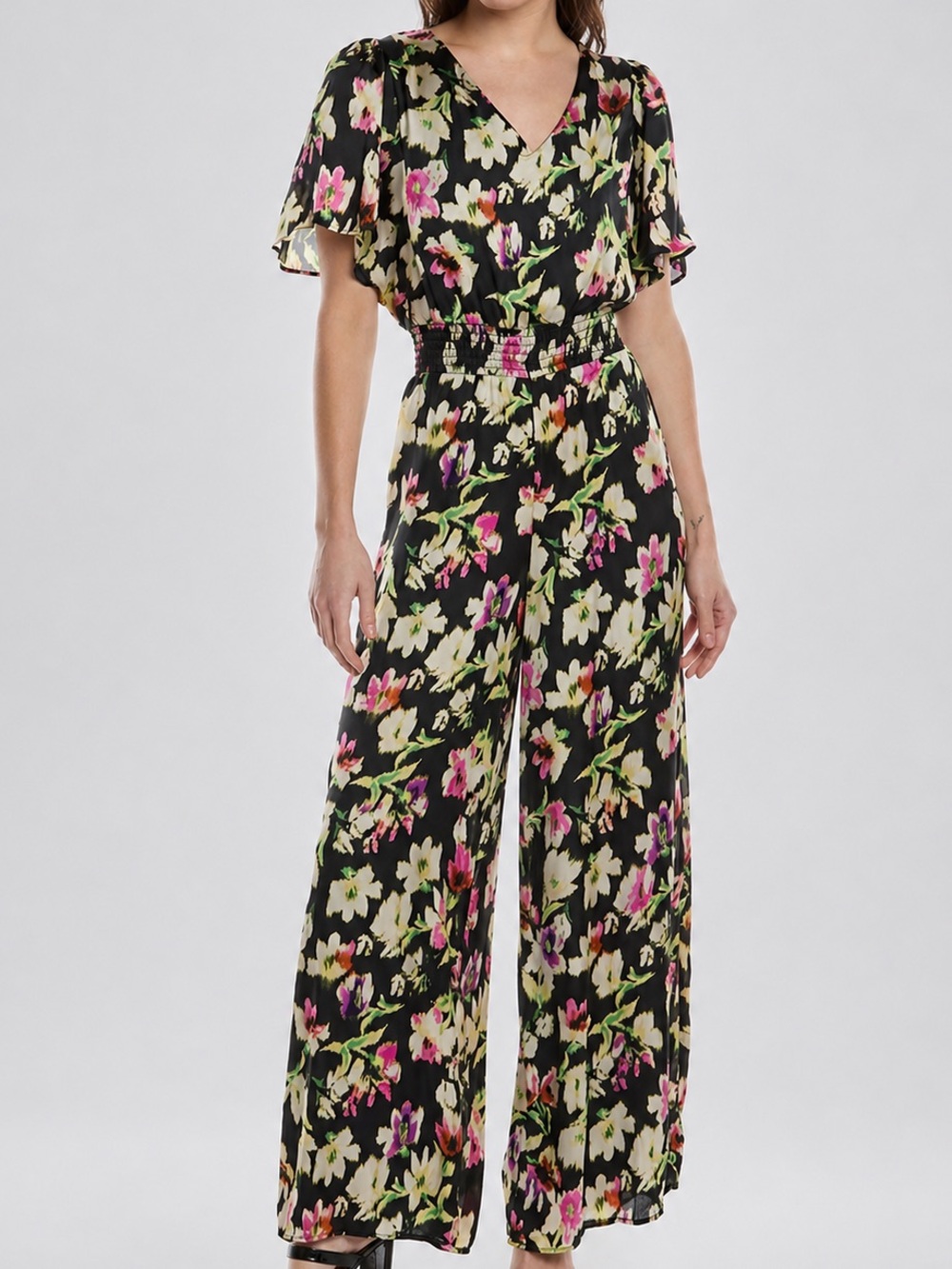 🆕🖤💚💖VinceCamuto Floral WideLeg Jumpsuit Black Pink Green Waist Boho Chic Size S